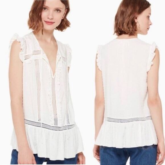 Kate Spade white swiss dot ruffle sleeveless‎ top size large - Picture 1 of 8